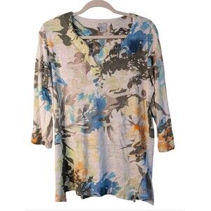 Chico’s Coastal Watercolor Floral Linen Top Breezy Summer Tunic size 2/Large